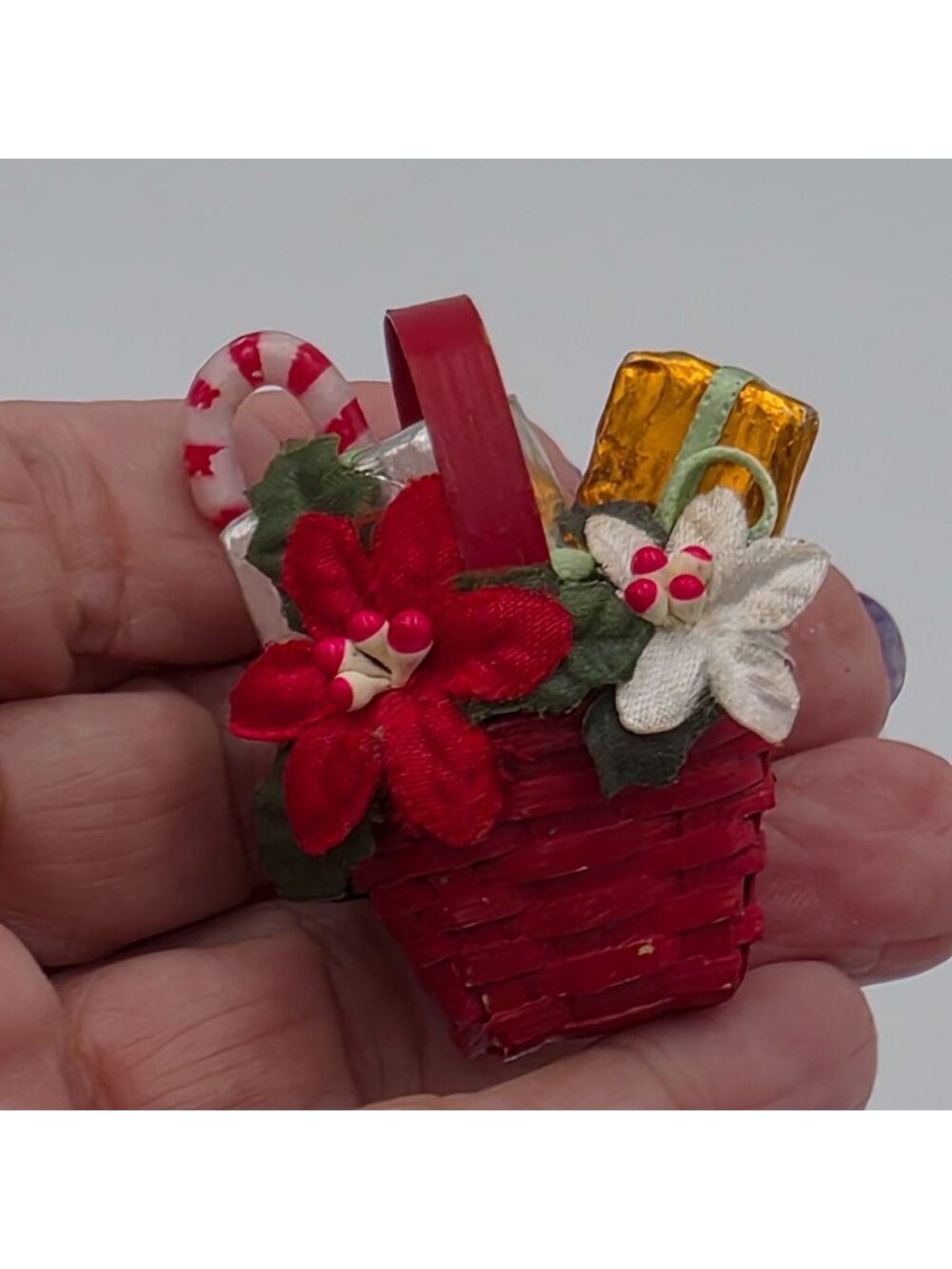 Vintage Christmas Basket Pin Brooch Candy Cane Gifts & Poinsettia Flowers 2"